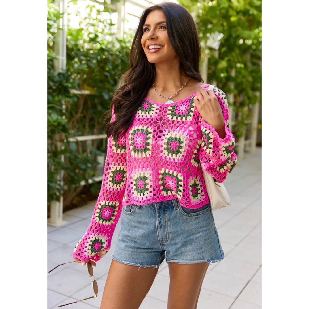 Debut pink crochet granny square sweater open knit cropped size M medium - Picture 4 of 14